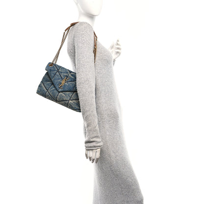 Saint Laurent Denim Quilted Loulou Puffer Monogram Chain Satchel Blue Cinnamon 2 of 10