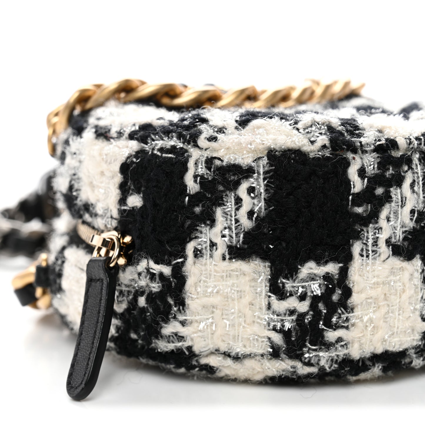 Wool Tweed Lambskin Quilted Chanel 19 Round Clutch With Chain and Coin Purse Black White Ecru