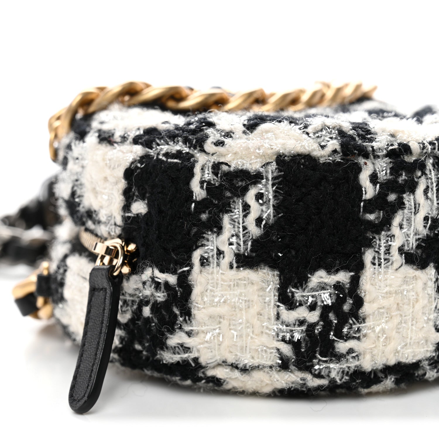 Chanel Wool Tweed Lambskin Quilted Chanel 19 Round Clutch With Chain and Coin Purse Black White Ecru 9 of 10