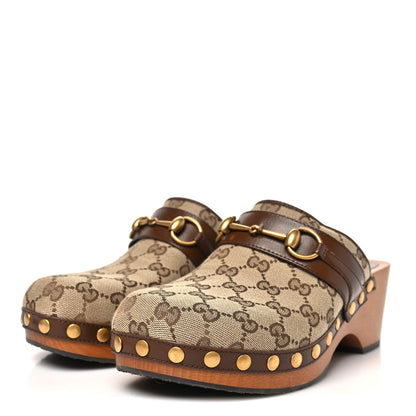 Gucci Monogram Goatskin Horsebit Clog Mules 38.5 Beige Ebony Brown Sugar 4 of 9