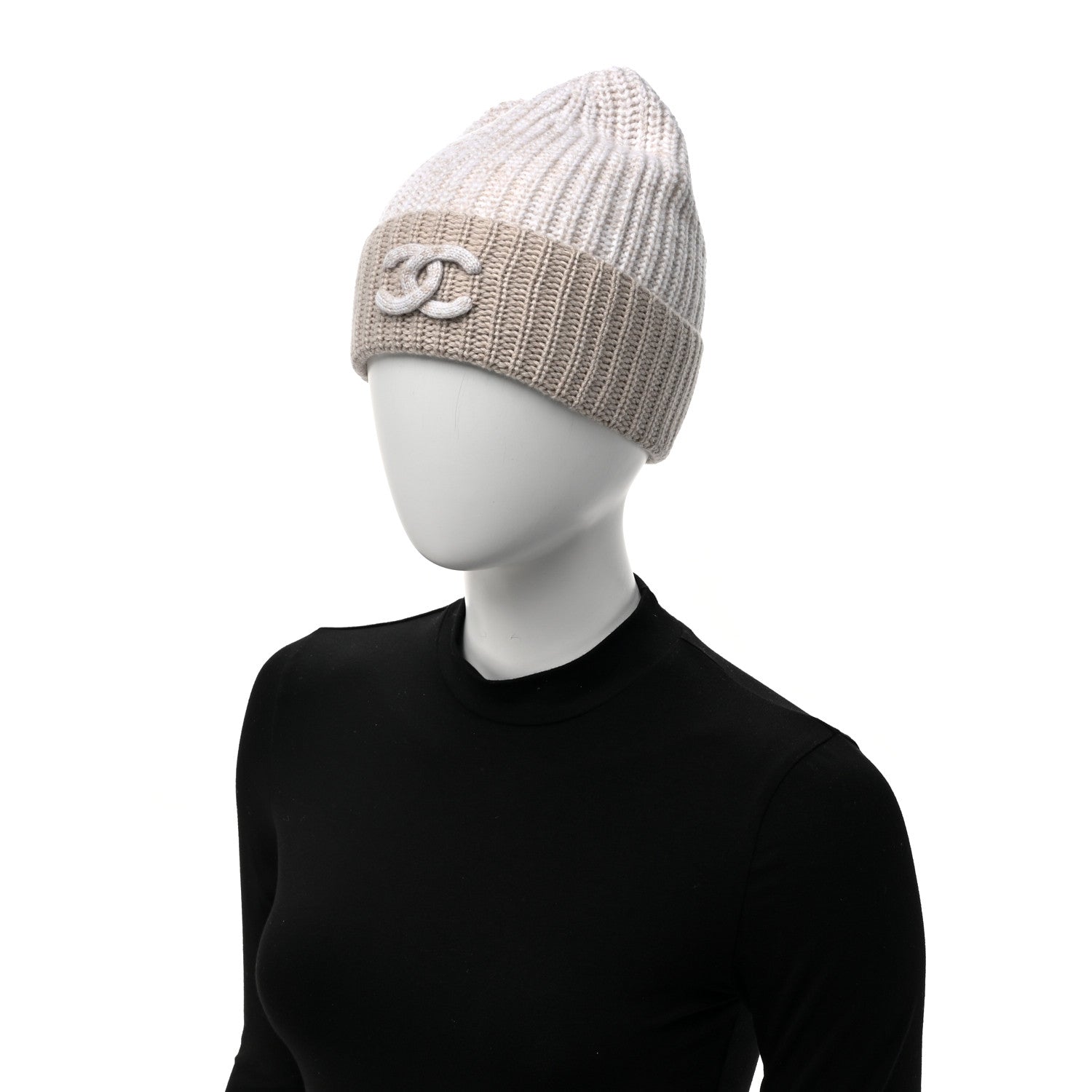 Chanel Cashmere CC Beanie Hat Beige White 2 of 5