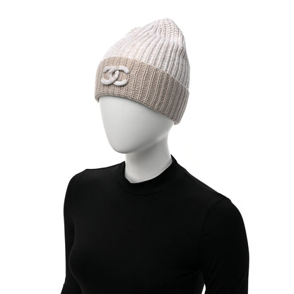 Chanel Cashmere CC Beanie Hat Beige White 2 of 5