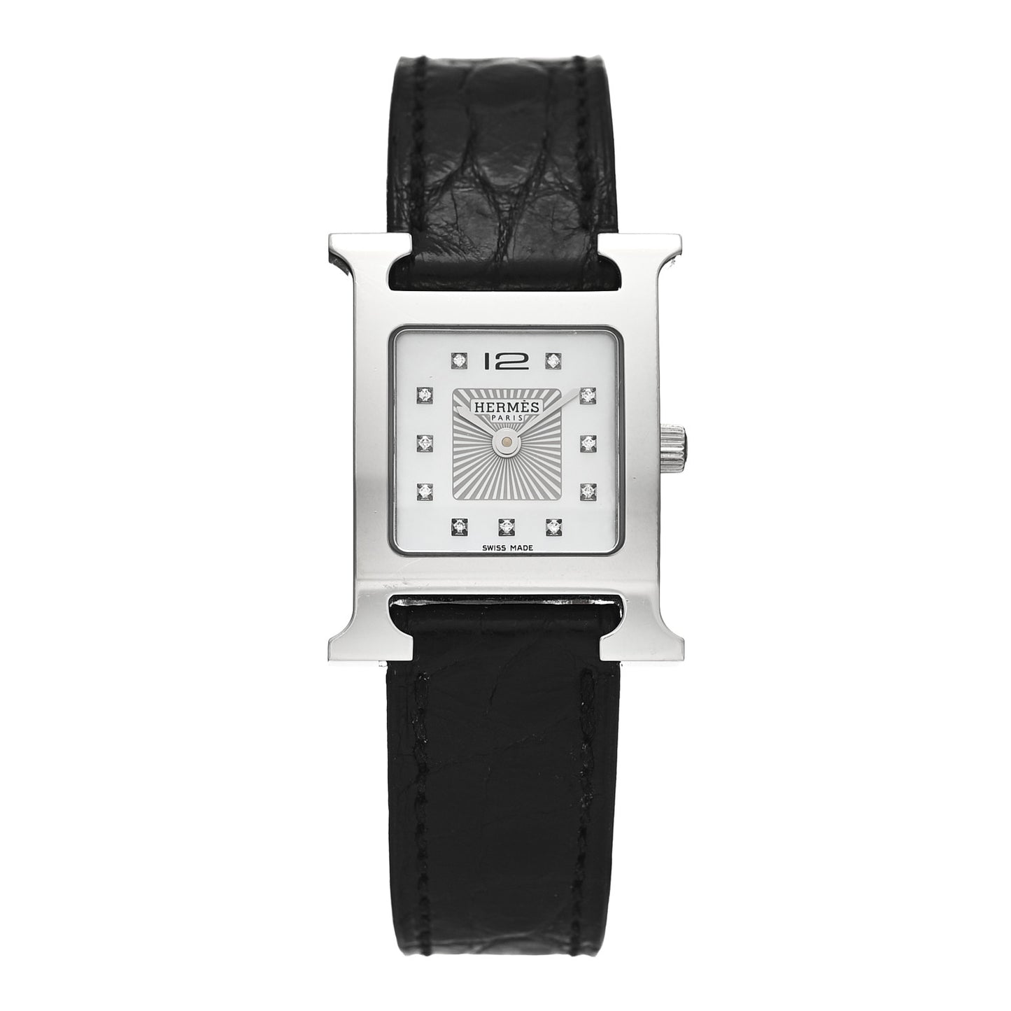 Stainless Steel Alligator Diamond Mother of Pearl 21mm Heure H Hour Quartz Watch Noir