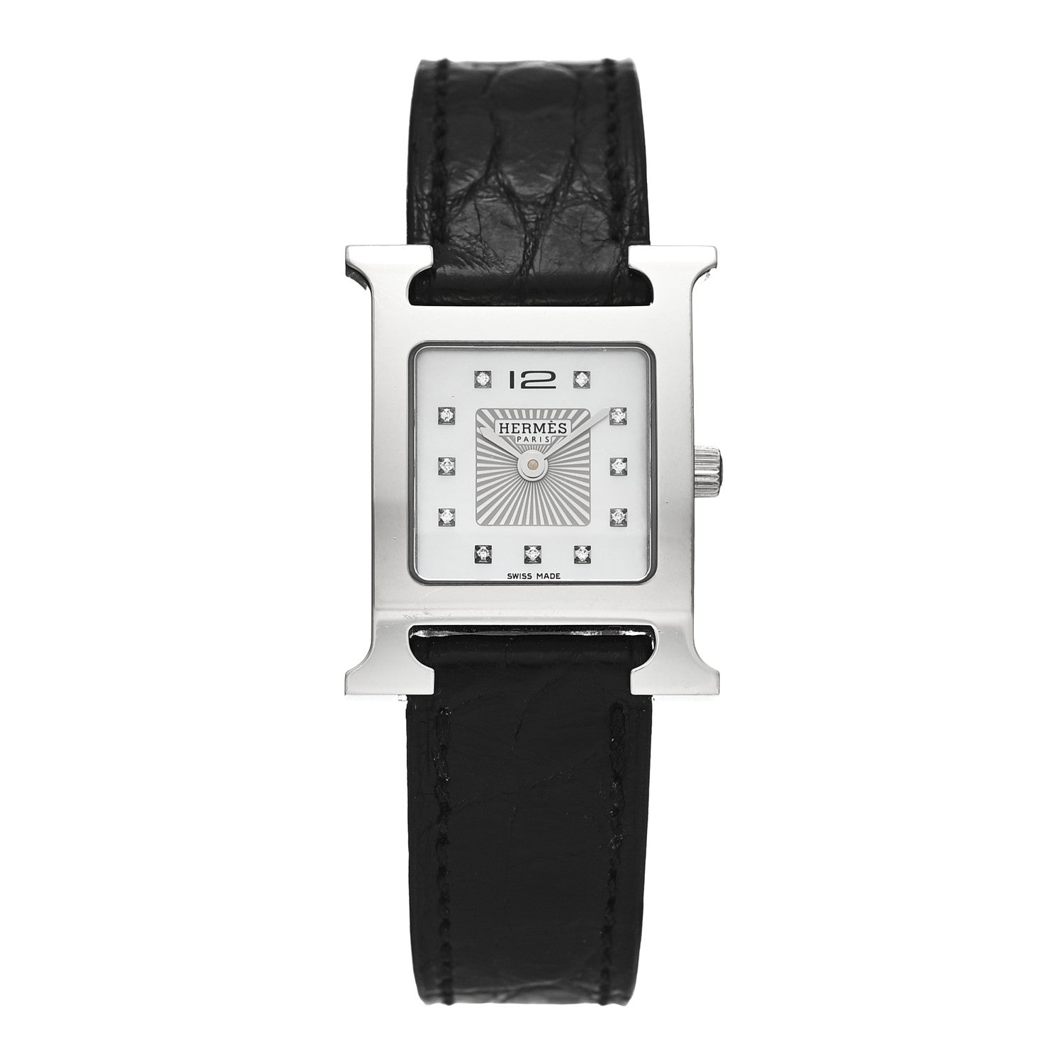 Hermes Stainless Steel Alligator Diamond Mother of Pearl 21mm Heure H Hour Quartz Watch Noir 1 of 4