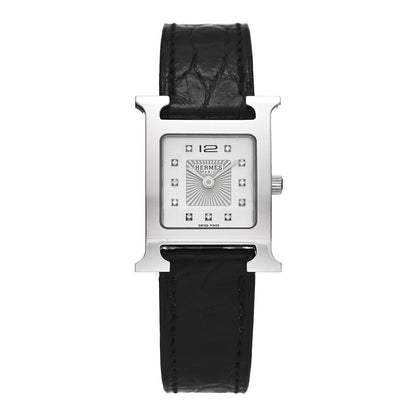 Hermes Stainless Steel Alligator Diamond Mother of Pearl 21mm Heure H Hour Quartz Watch Noir 1 of 4