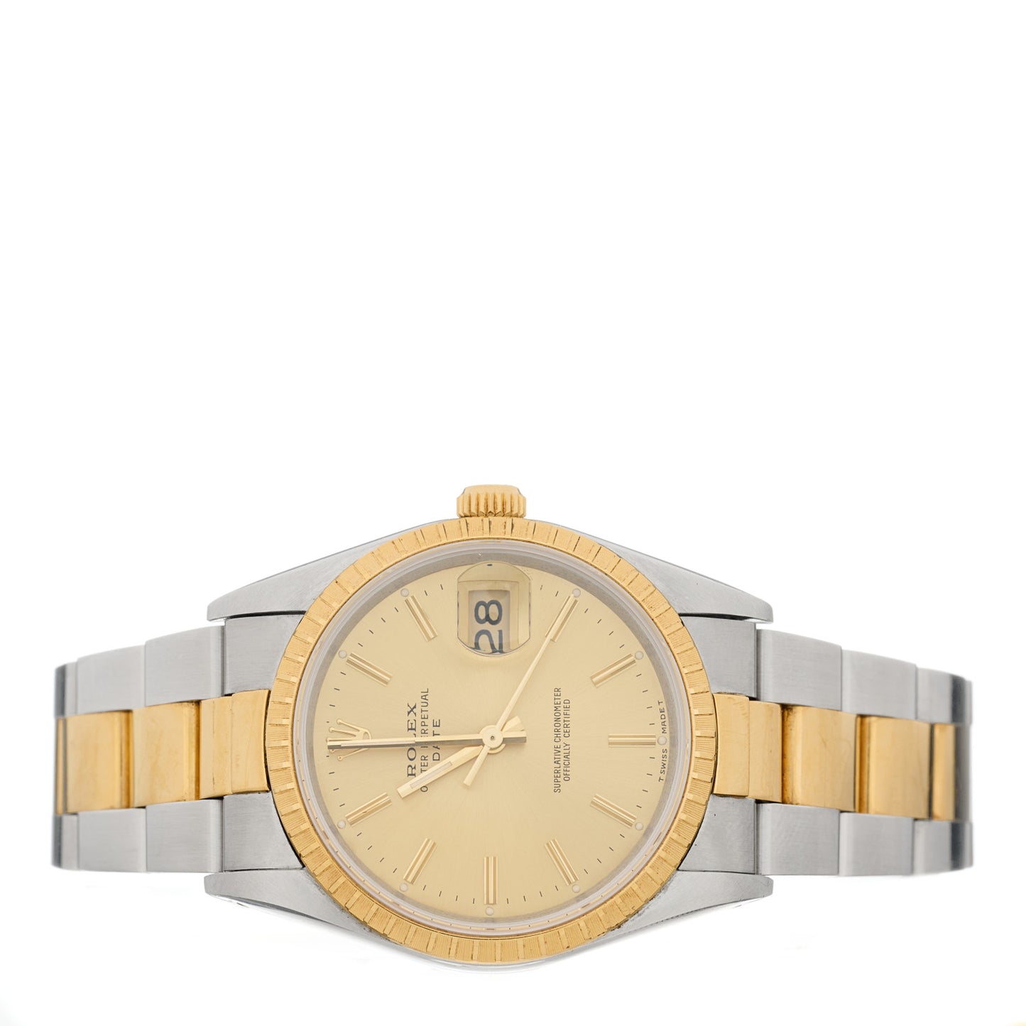 Stainless Steel 18K Yellow Gold 34mm Oyster Perpetual Date Watch Champagne 15223