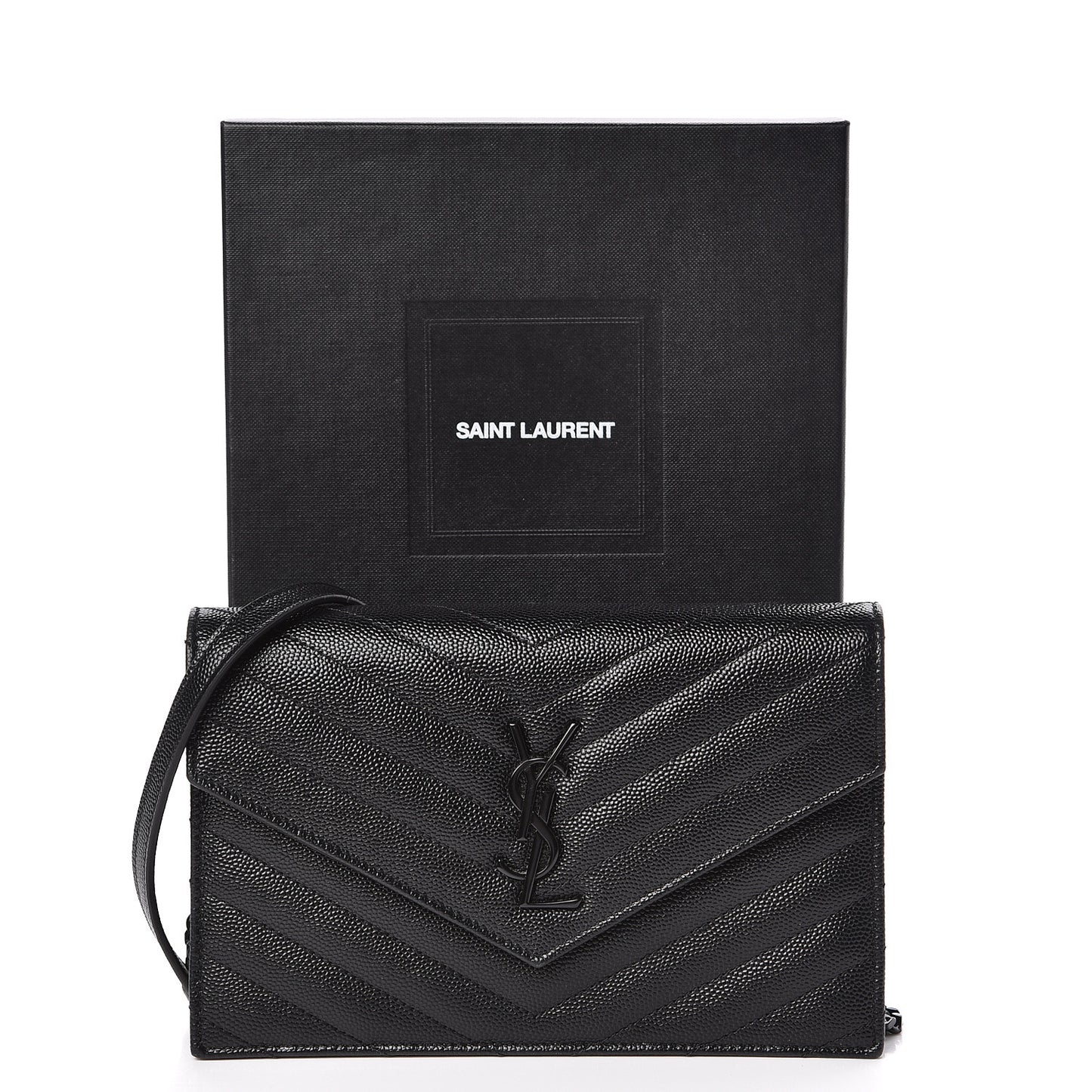 Grain De Poudre Matelasse Chevron Monogram Envelope Chain Wallet Black