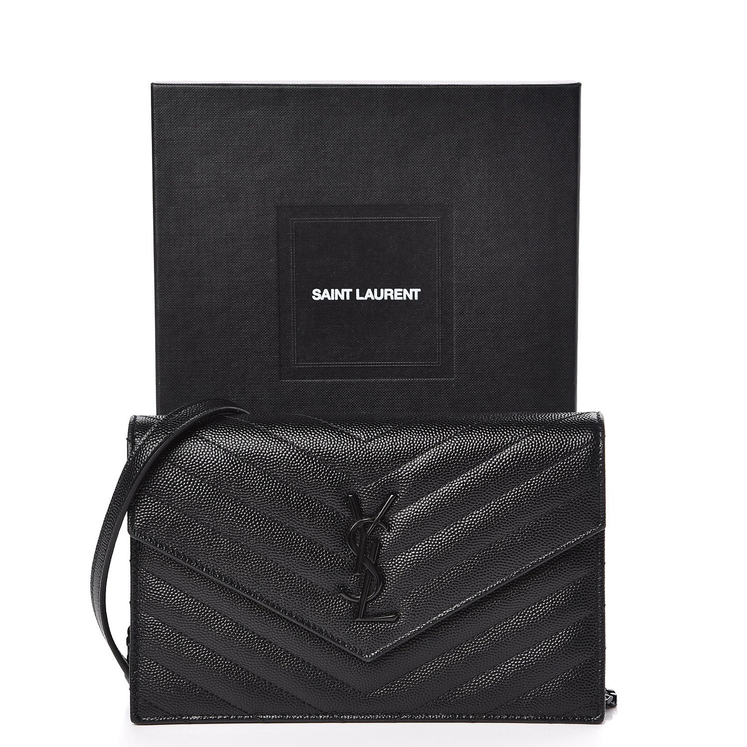Saint Laurent Grain De Poudre Matelasse Chevron Monogram Envelope Chain Wallet Black 11 of 11
