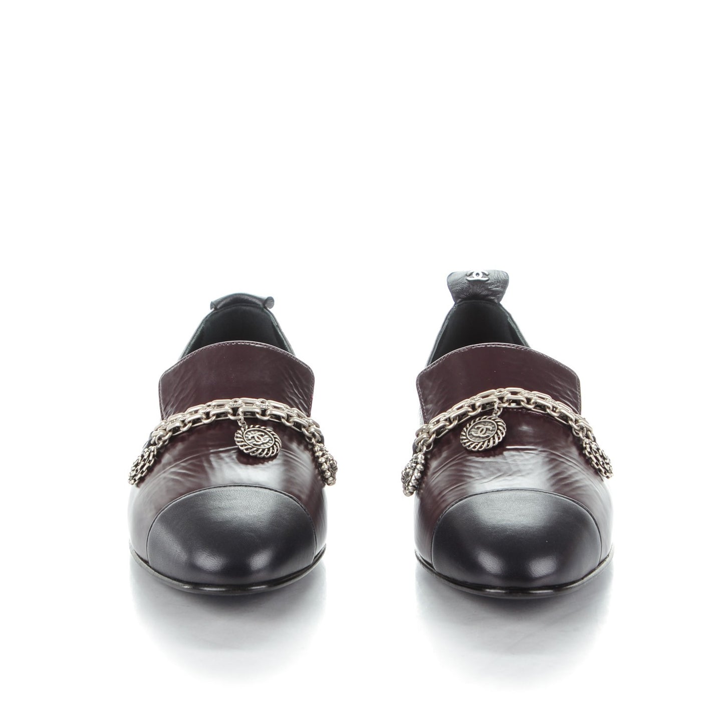 Crackled Goatskin Lambskin Cap Toe CC Charm Moccasin Loafers 37.5 Dark Burgundy Navy