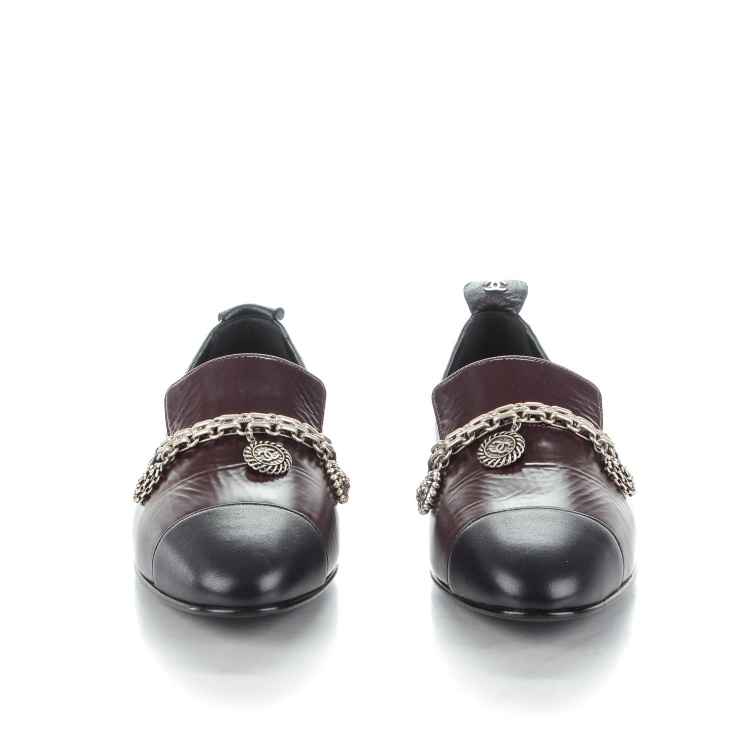 Chanel Crackled Goatskin Lambskin Cap Toe CC Charm Moccasin Loafers 37.5 Dark Burgundy Navy 2 of 7
