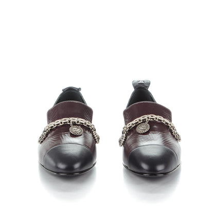 Chanel Crackled Goatskin Lambskin Cap Toe CC Charm Moccasin Loafers 37.5 Dark Burgundy Navy 2 of 7