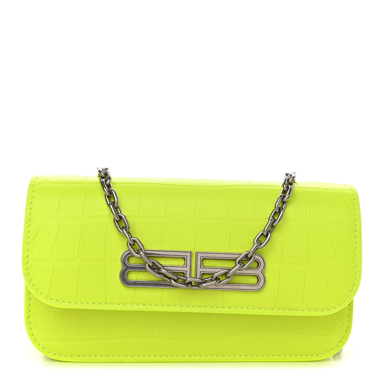 Balenciaga Extra Supple Calfskin Crocodile Embossed Gossip Wallet On Chain Fluo Yellow 1 of 9