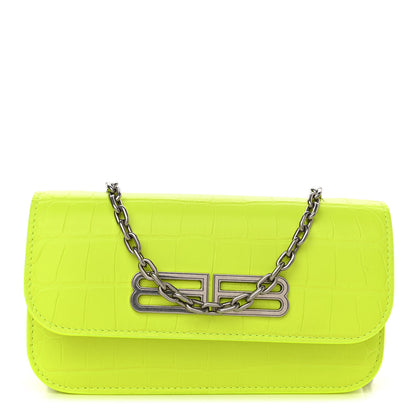 Balenciaga Extra Supple Calfskin Crocodile Embossed Gossip Wallet On Chain Fluo Yellow 1 of 9