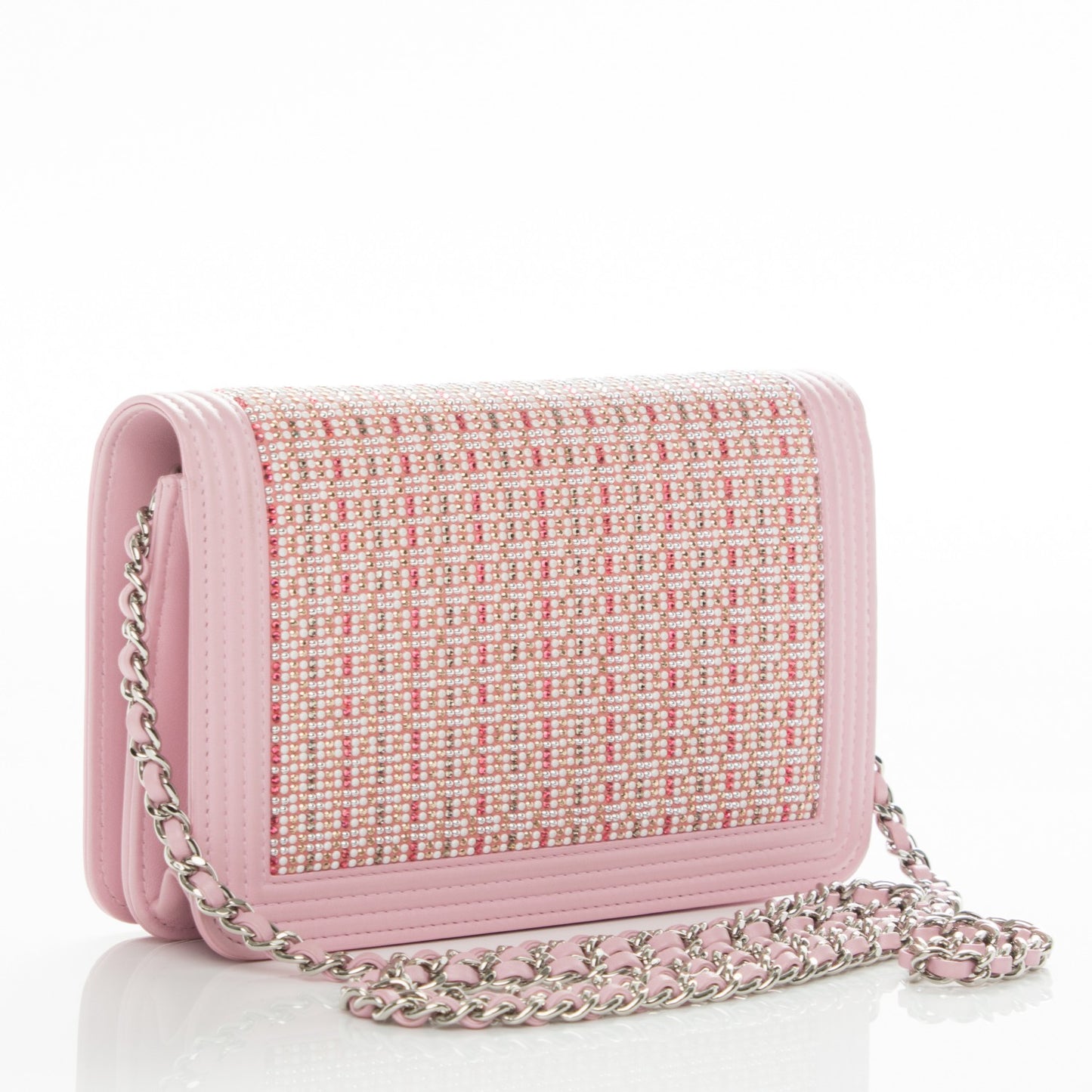 Calfskin Crystal Studded Boy Wallet On Chain WOC Pink