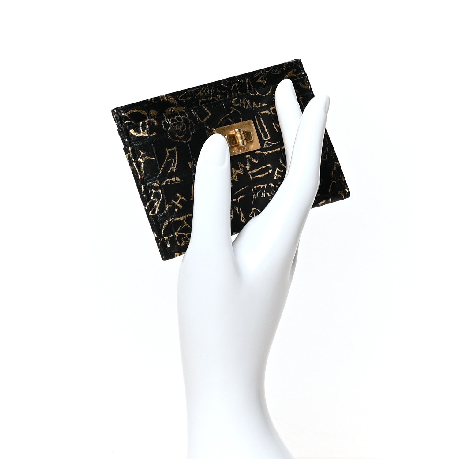 Chanel Calfskin Crocodile Embossed Graffiti 2.55 Cocodile Reissue Card Holder Black Gold 2 of 9