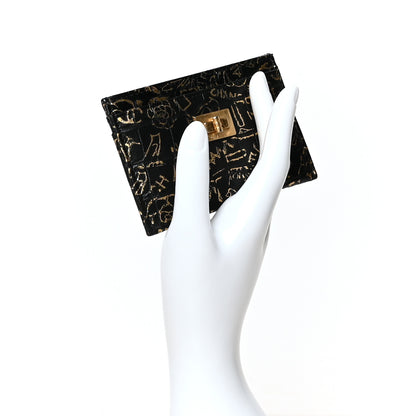 Chanel Calfskin Crocodile Embossed Graffiti 2.55 Cocodile Reissue Card Holder Black Gold 2 of 9