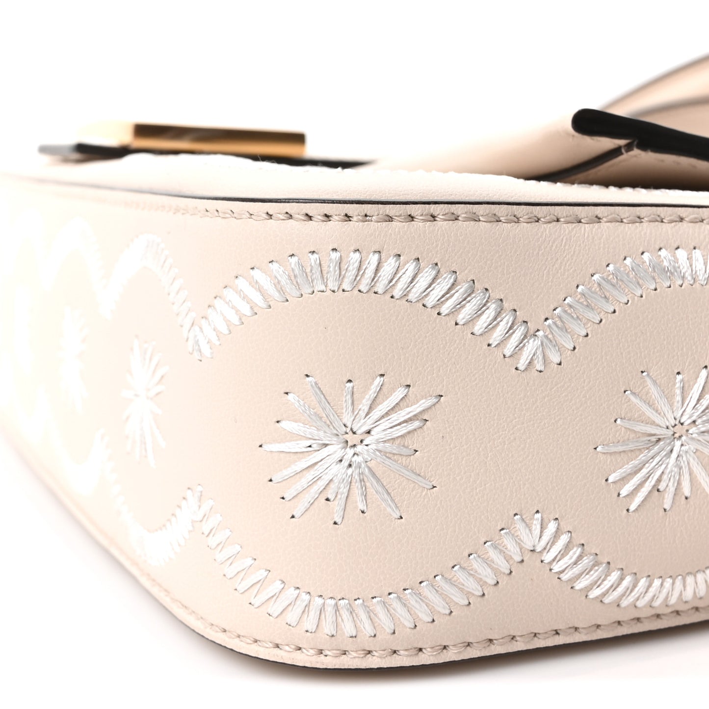 Vitello Seta Nappa Floral Embroidered Baguette Camelia White Ice