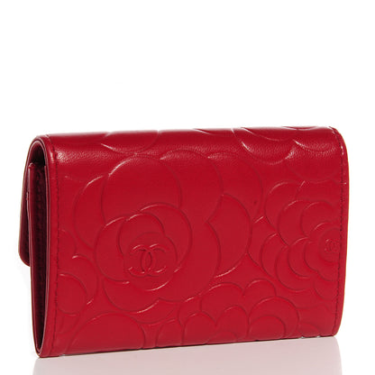 Chanel Lambskin Camellia Embossed Card Holder Wallet Rouge 3 of 9
