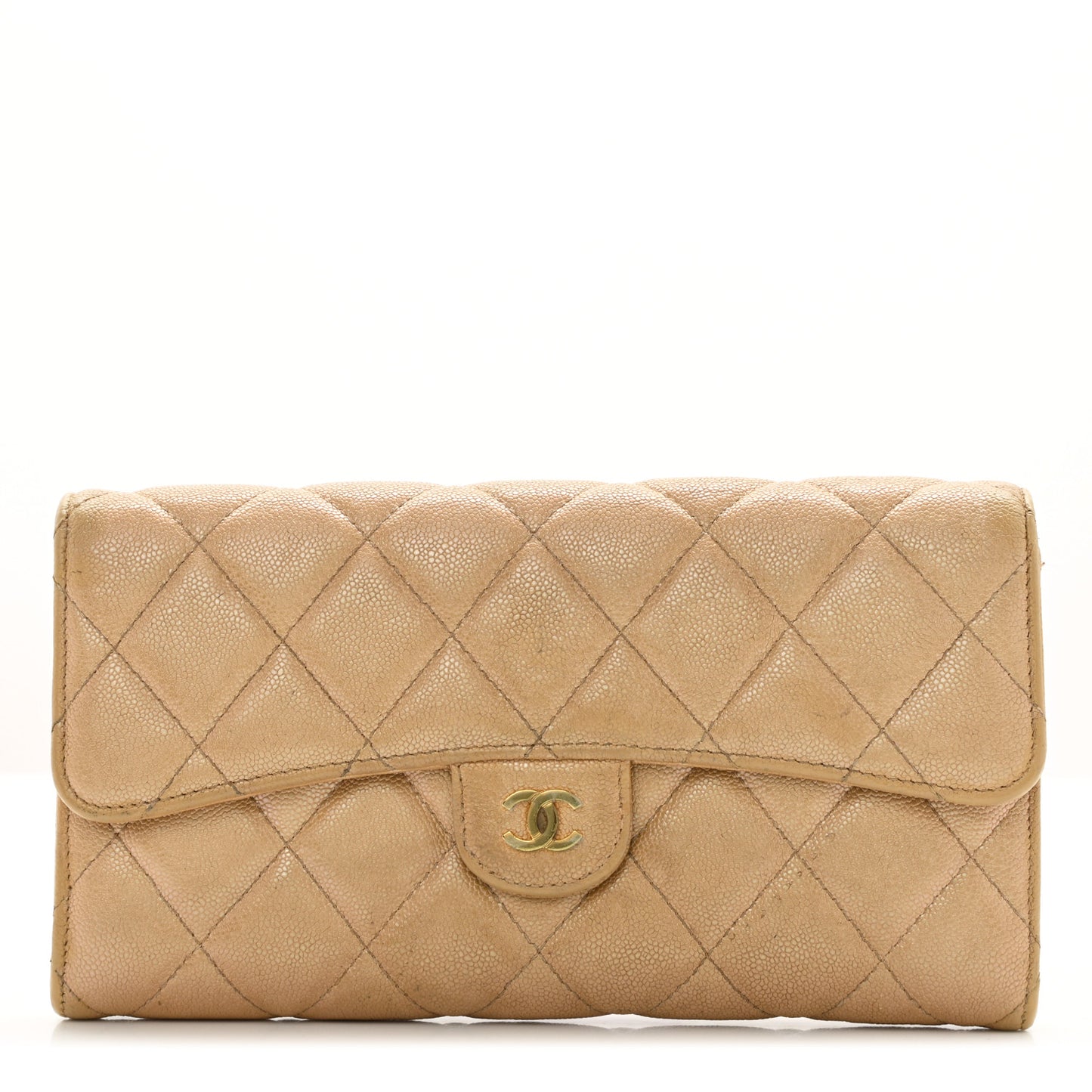 Iridescent Caviar Quilted Long Gusset Flap Wallet Beige