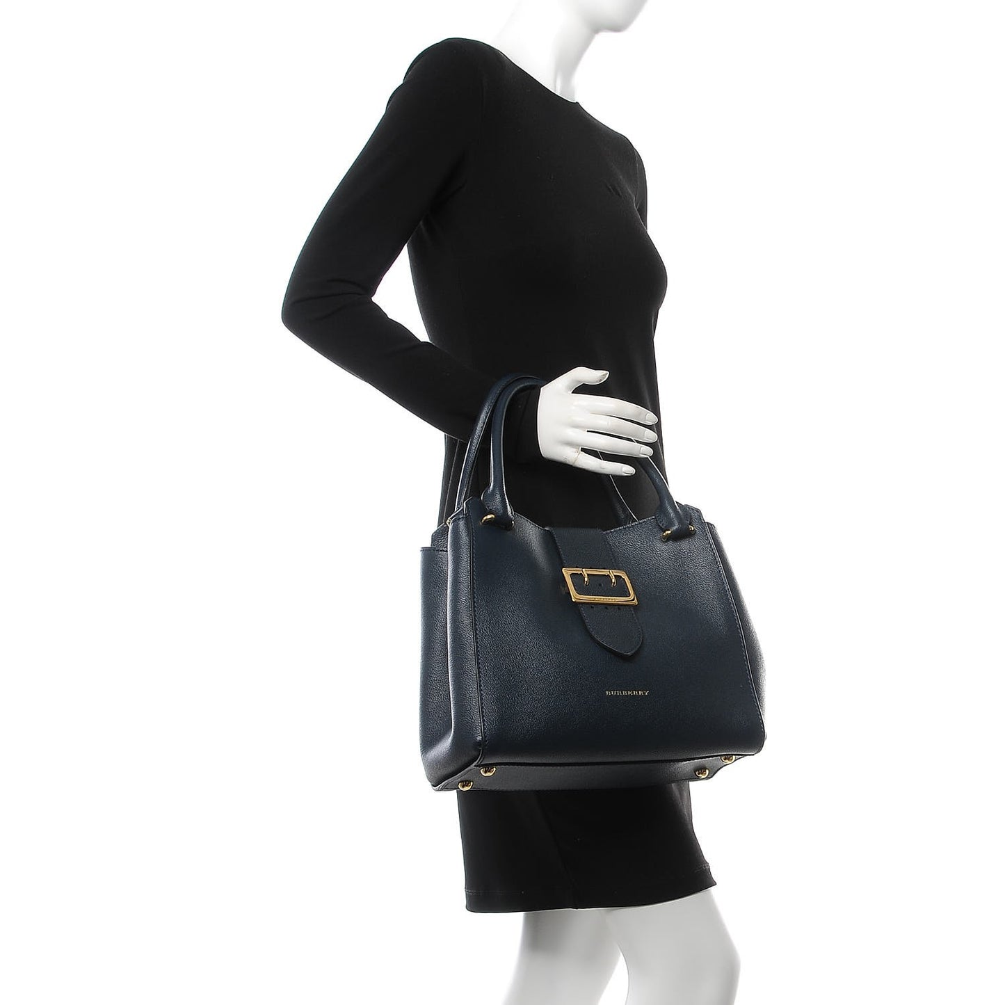 Soft Grain Calfskin Medium Buckle Tote Blue Carbon