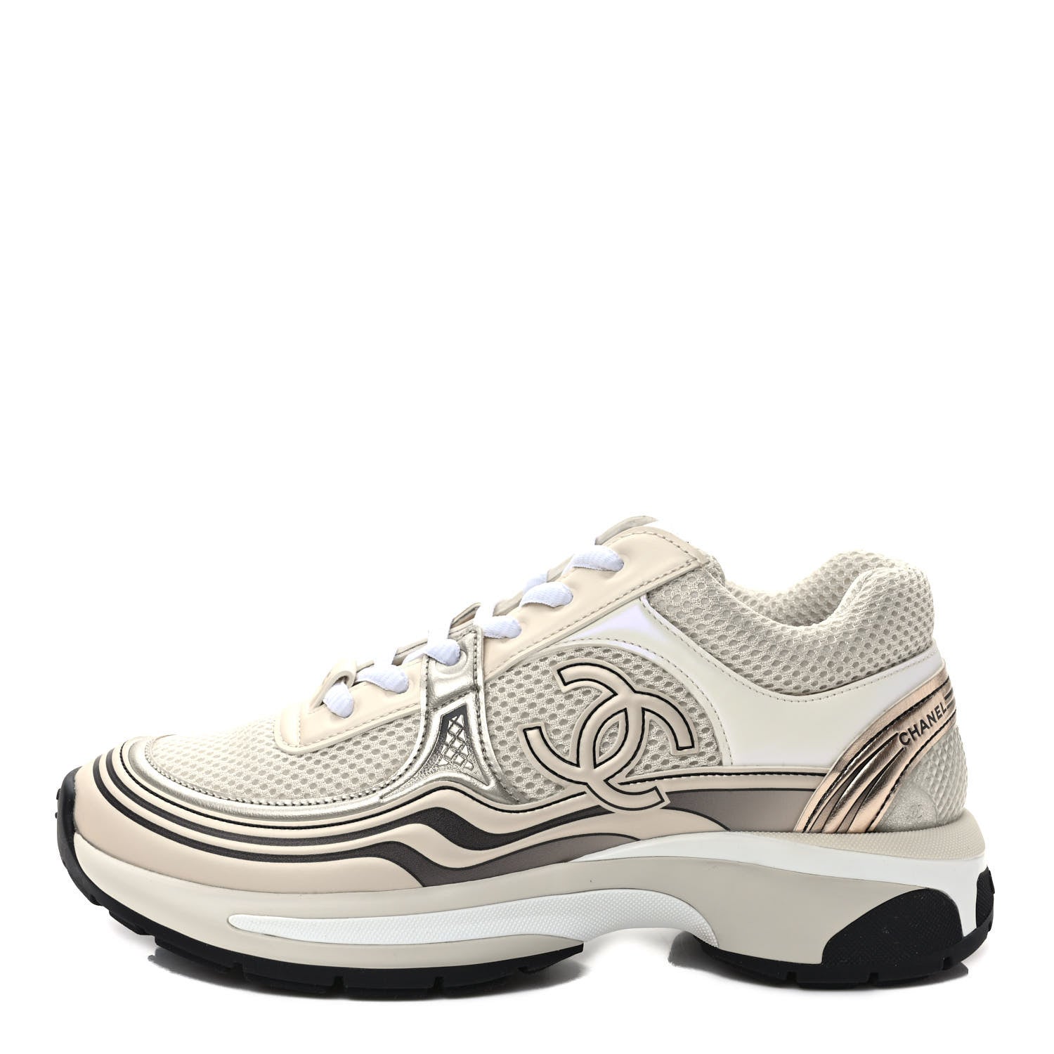 Chanel Fabric Laminated Calfskin Stretch CC Womens Sneakers 37 White Gold Silver 1 of 9