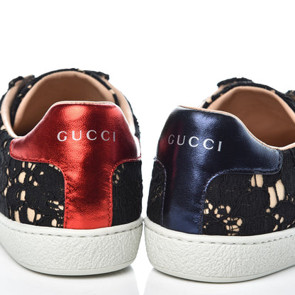 Gucci Lace Crystal Sylvie Web Flower Leaf Womens Ace Sneakers 37 Black Tan Beige 5 of 10