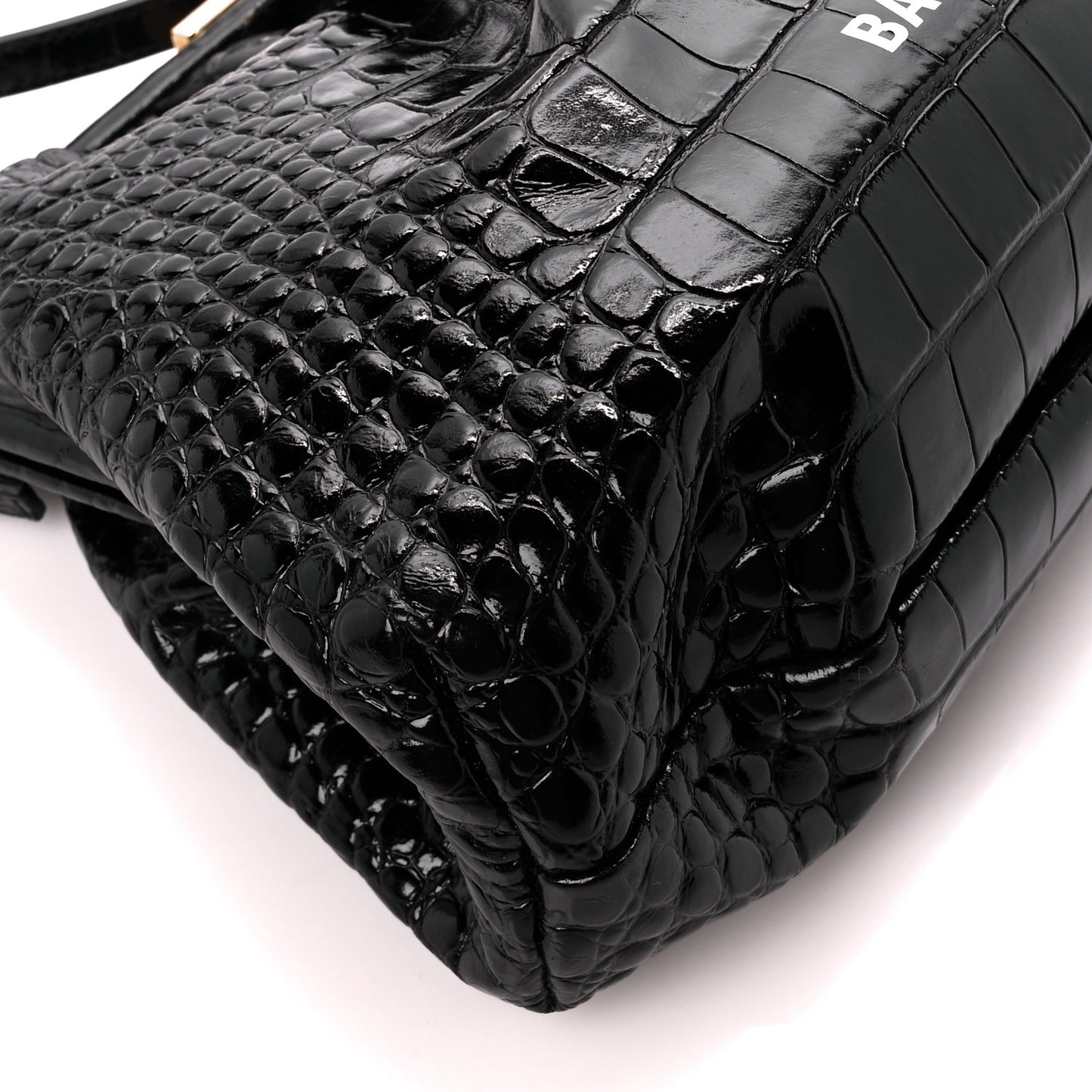 Shiny Supple Calfskin Logo Crocodile Embossed Cloud Crossbody Bag Black White