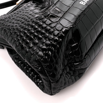 Balenciaga Shiny Supple Calfskin Logo Crocodile Embossed Cloud Crossbody Bag Black White 9 of 11