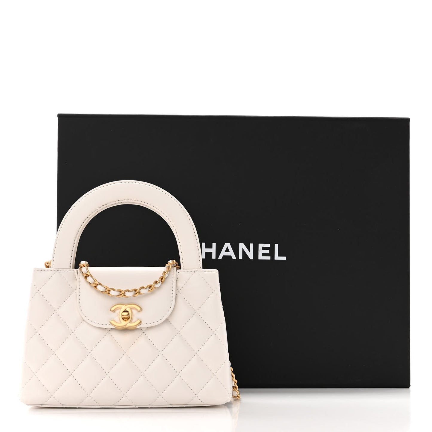 Shiny Aged Calfskin Quilted Nano Kelly Shopper White