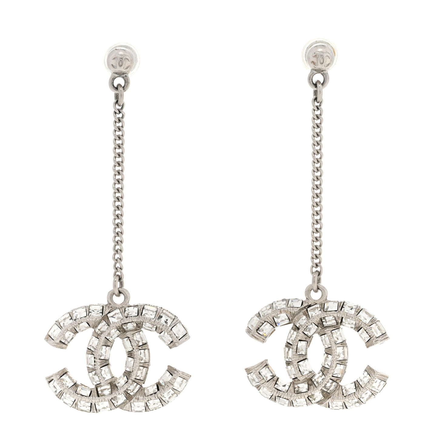 Baguette Crystal CC Drop Earrings Silver