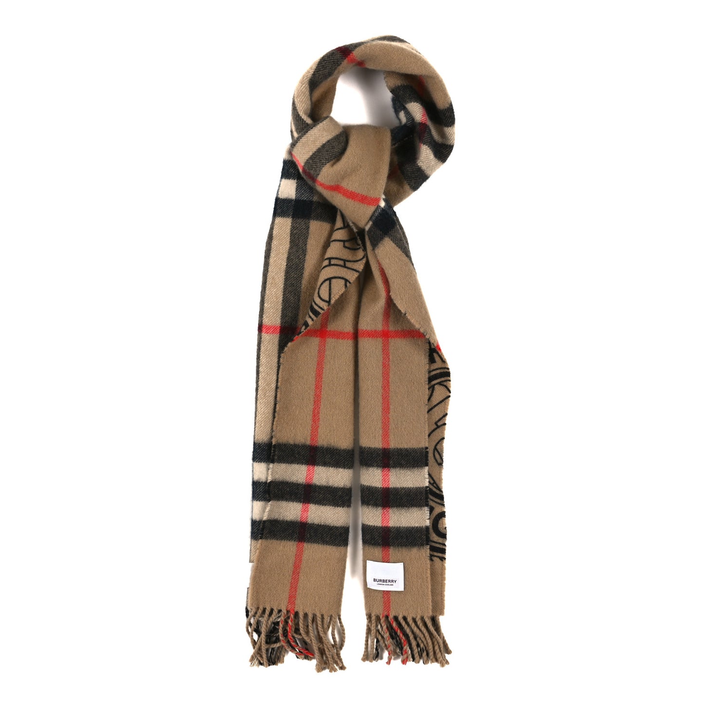 Cashmere Giant Check TB Double Face Fringe Scarf Camel