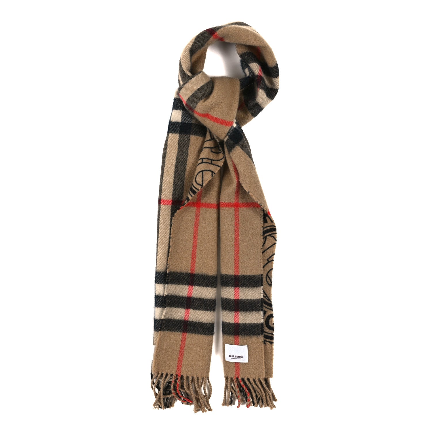 Burberry Cashmere Giant Check TB Double Face Fringe Scarf Camel 1 of 3