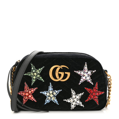 Gucci Velvet Matelasse Crystal Star Embroidered Small GG Marmont Chain Shoulder Bag Black 1 of 11