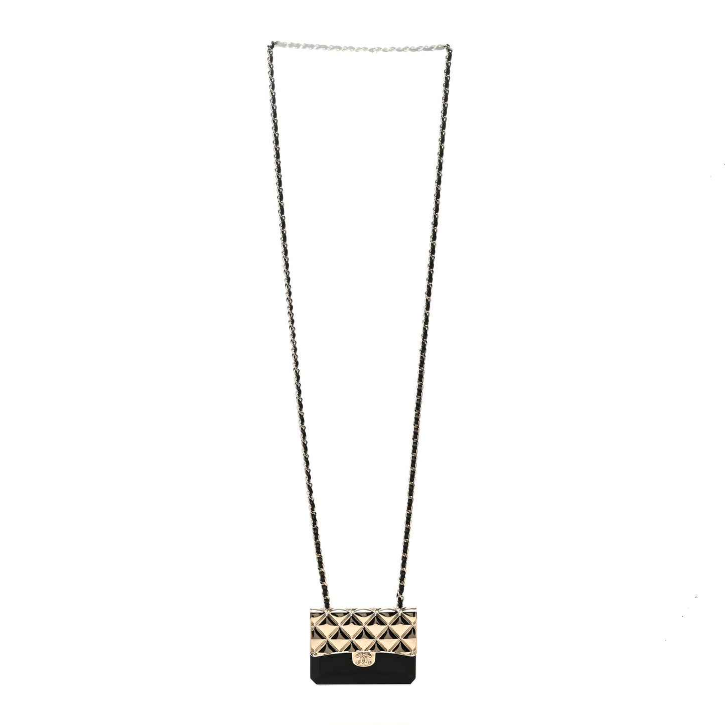 Metal Resin Lambskin Flap Bag Long Necklace Gold Black
