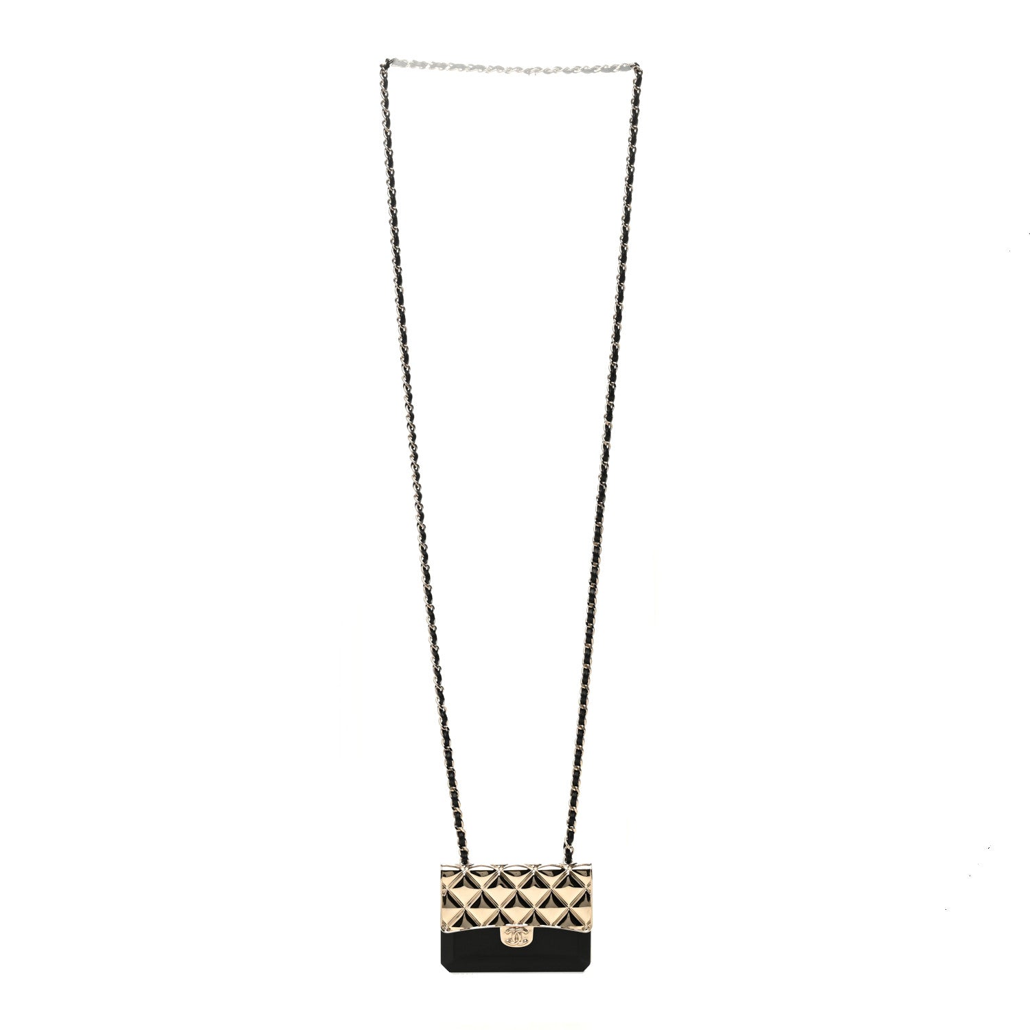 Chanel Metal Resin Lambskin Flap Bag Long Necklace Gold Black 3 of 5