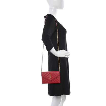 Saint Laurent Grain De Poudre Matelasse Chevron Monogram Envelope Chain Wallet New Red 2 of 11