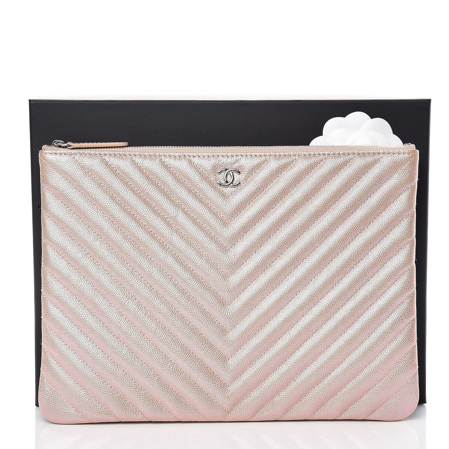Iridescent Caviar Chevron Quilted Medium Cosmetic Case Light Gold