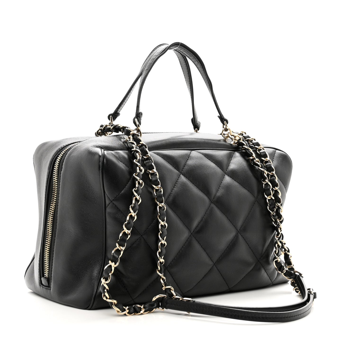 Lambskin Quilted Medium Bowling Bag Black