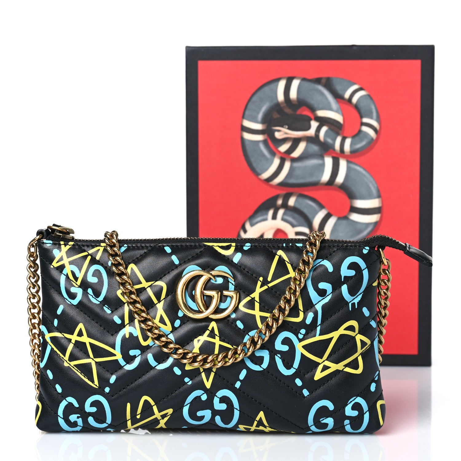 Gucci Calfskin Matelasse Printed Mini GucciGhost GG Marmont Chain Bag Black New Acquamarine 12 of 12