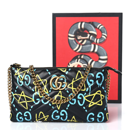 Gucci Calfskin Matelasse Printed Mini GucciGhost GG Marmont Chain Bag Black New Acquamarine 12 of 12