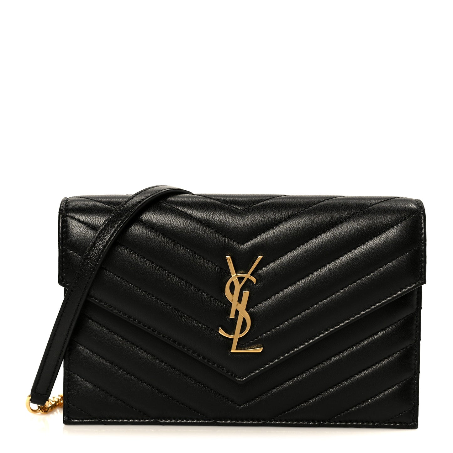 Lambskin Matelasse Chevron Monogram Cassandre Envelope Chain Wallet Black