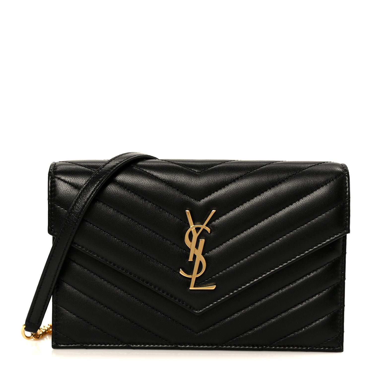 Saint Laurent Lambskin Matelasse Chevron Monogram Cassandre Envelope Chain Wallet Black 1 of 10