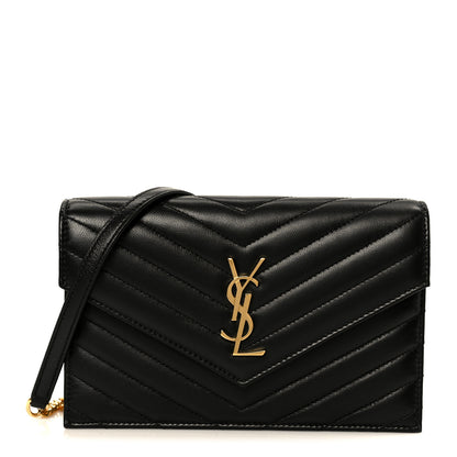 Saint Laurent Lambskin Matelasse Chevron Monogram Cassandre Envelope Chain Wallet Black 1 of 10