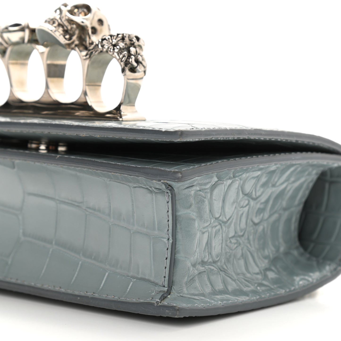 Shiny Crocodile Embossed Jeweled Satchel Blue Grey