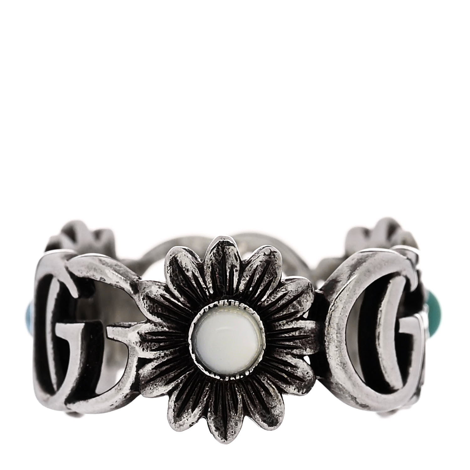 Gucci Sterling Silver Topaz Mother of Pearl Turquoise Resin Double G Flower Ring 49 5 4 of 7