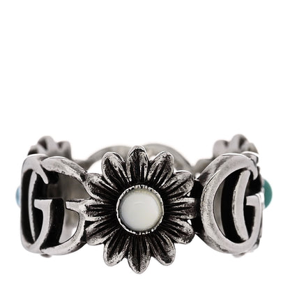 Gucci Sterling Silver Topaz Mother of Pearl Turquoise Resin Double G Flower Ring 49 5 4 of 7