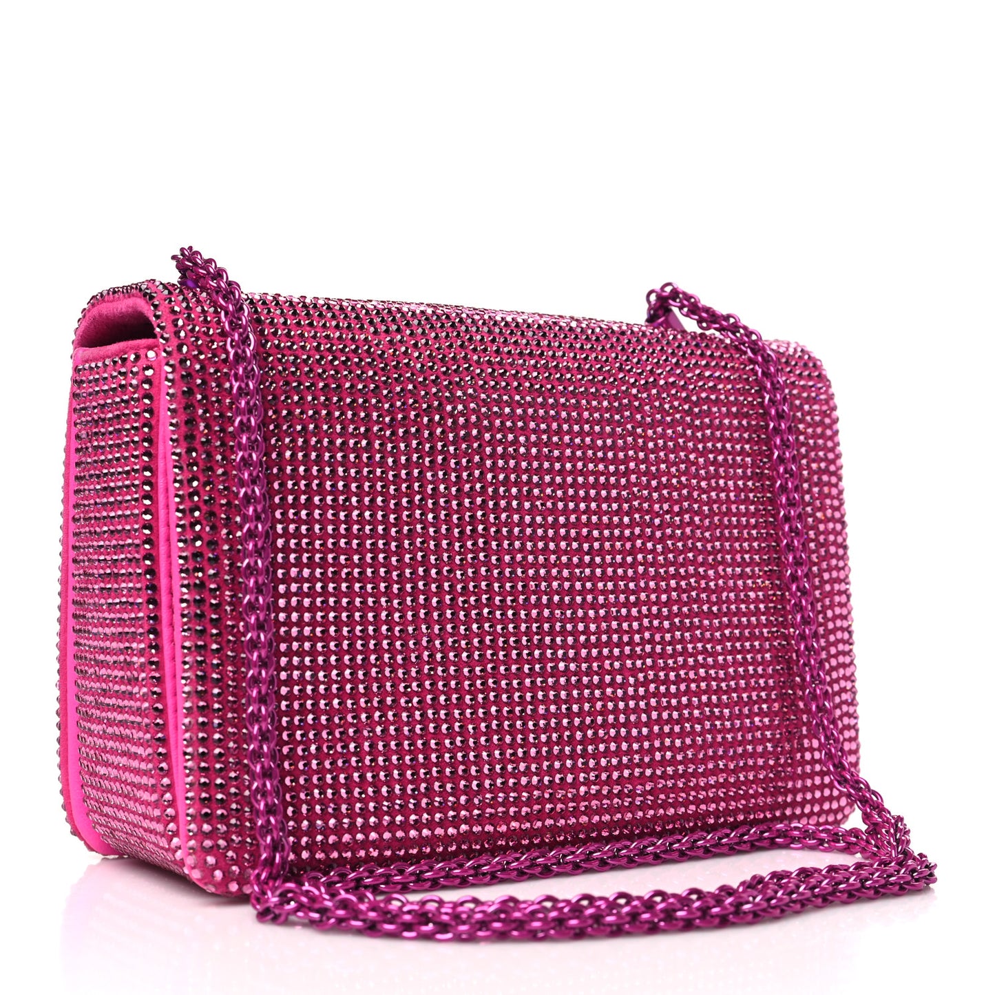 Crystal Suede Embellished Small One Stud Clutch With Chain Pink