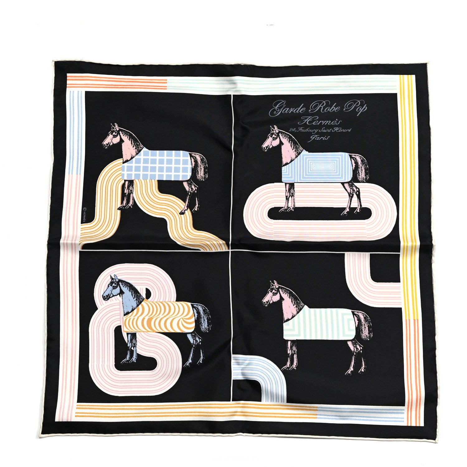 Hermes Silk Garde Robe Pop Detail Pocket Square Black Rose Multicolor 1 of 8