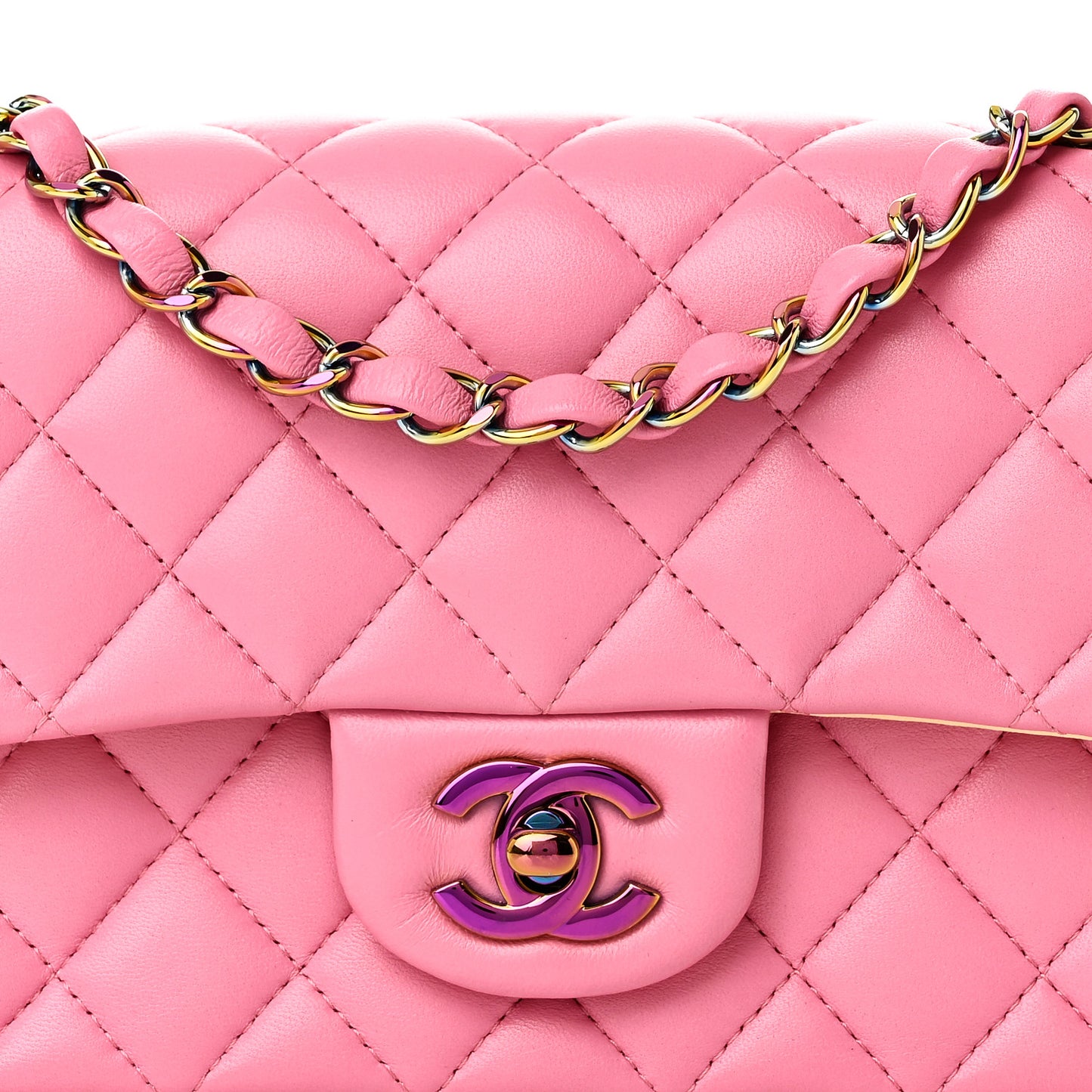 Lambskin Quilted Mini Rectangular Flap Pink Yellow