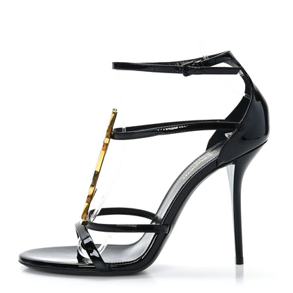 Saint Laurent Patent Cassandra 100 Ankle Strap Sandals 39 Black Gold 1 of 7